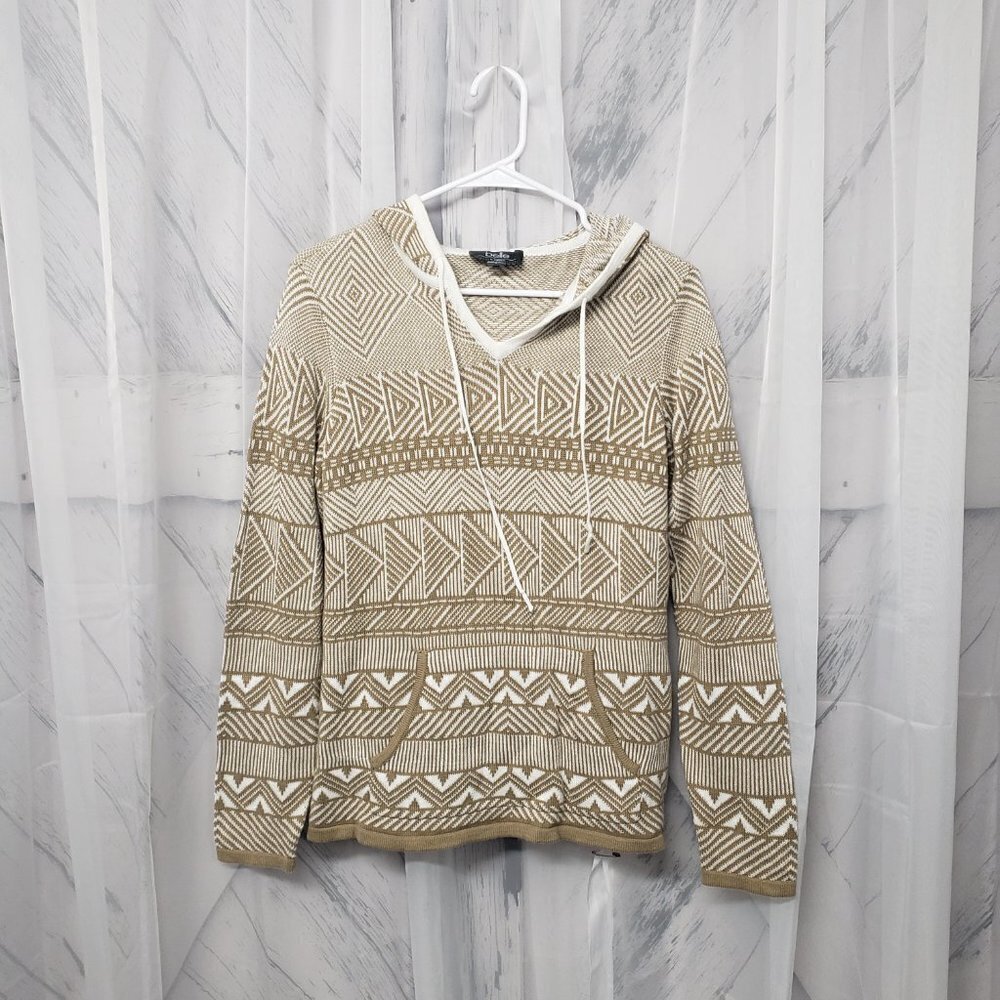 Belle Tan White Aztec Pullover Hooded Cotton Knit Sweater Size M - Picture 8 of 13
